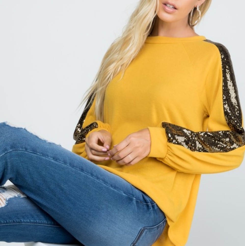 Mustard soft brushed top w/ sequin sleeves - Picture 6 of 9